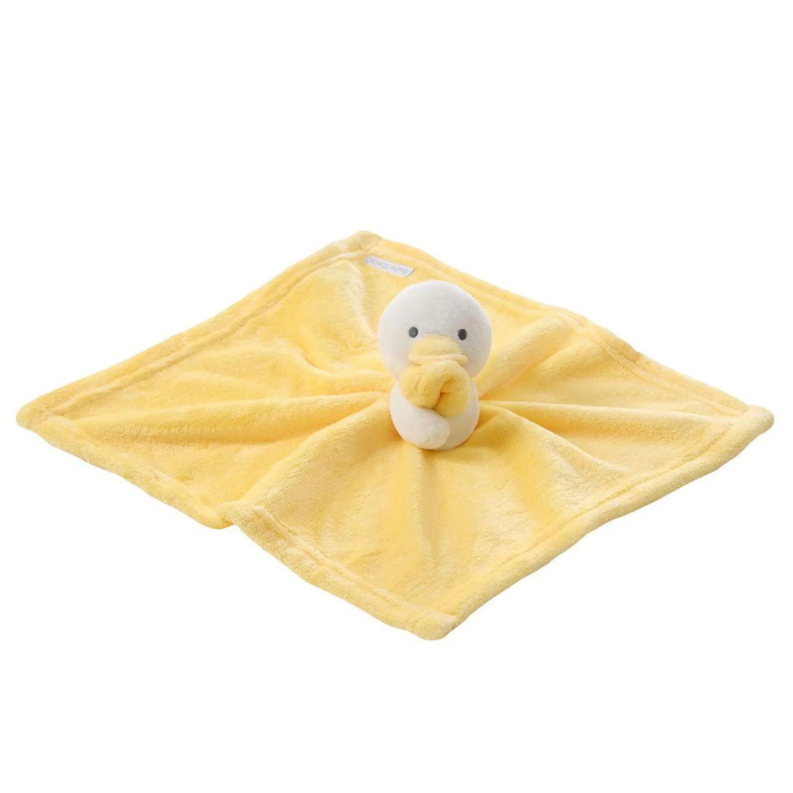 Yellow plush toy with a white duck design on a white background