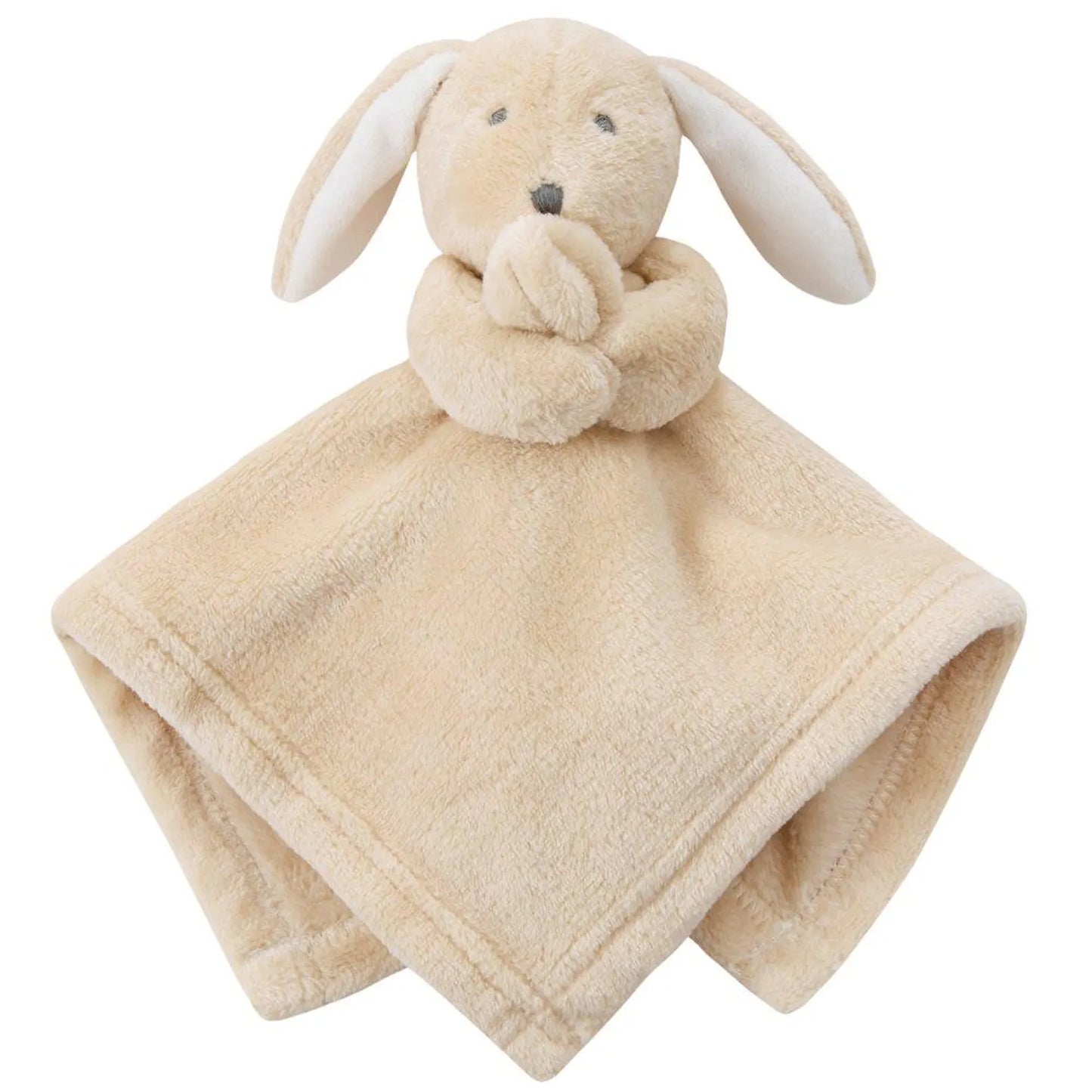 Beige plush bunny toy with blanket on a white background