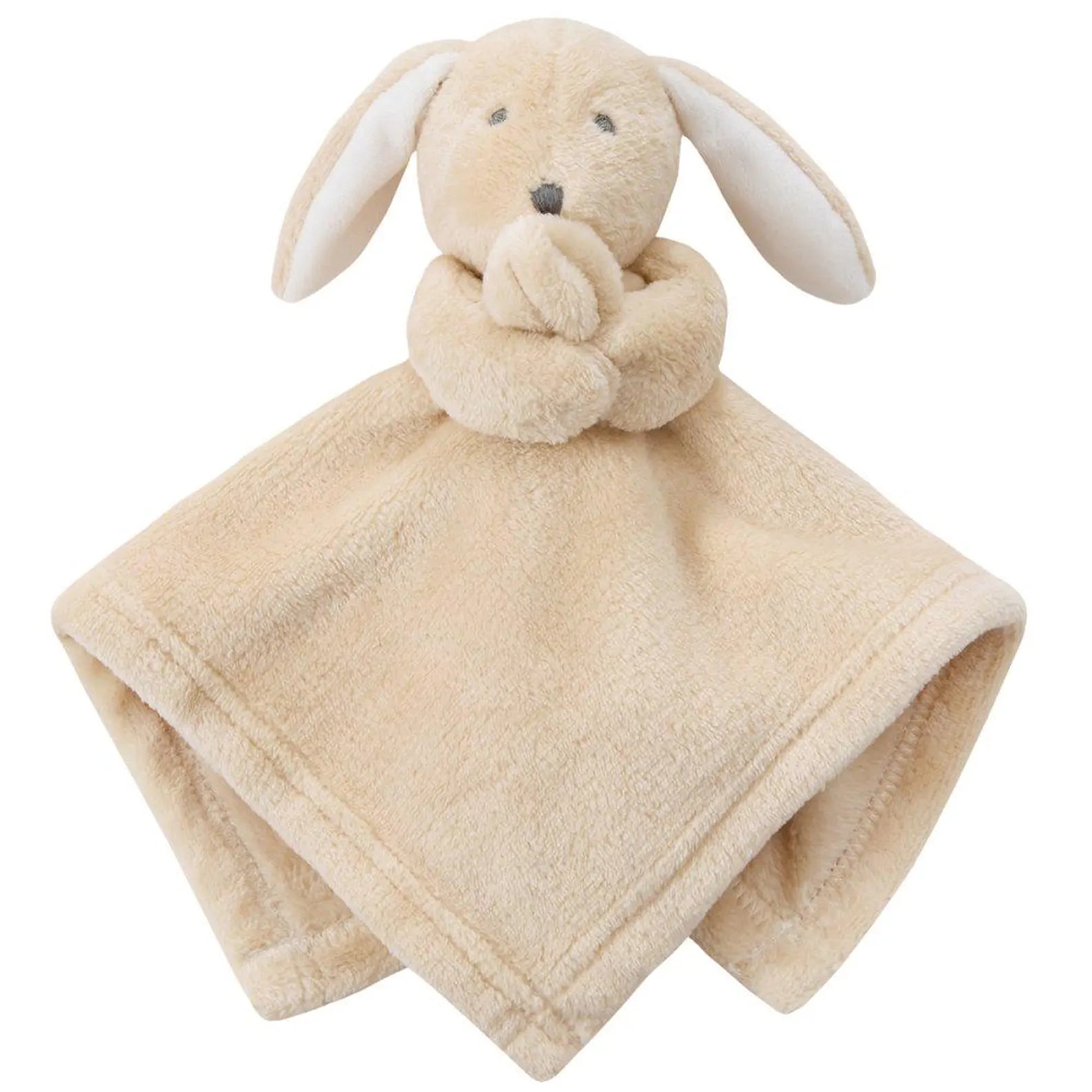 Beige plush bunny toy with blanket on a white background