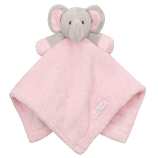 Pink baby blanket with elephant design on a white background