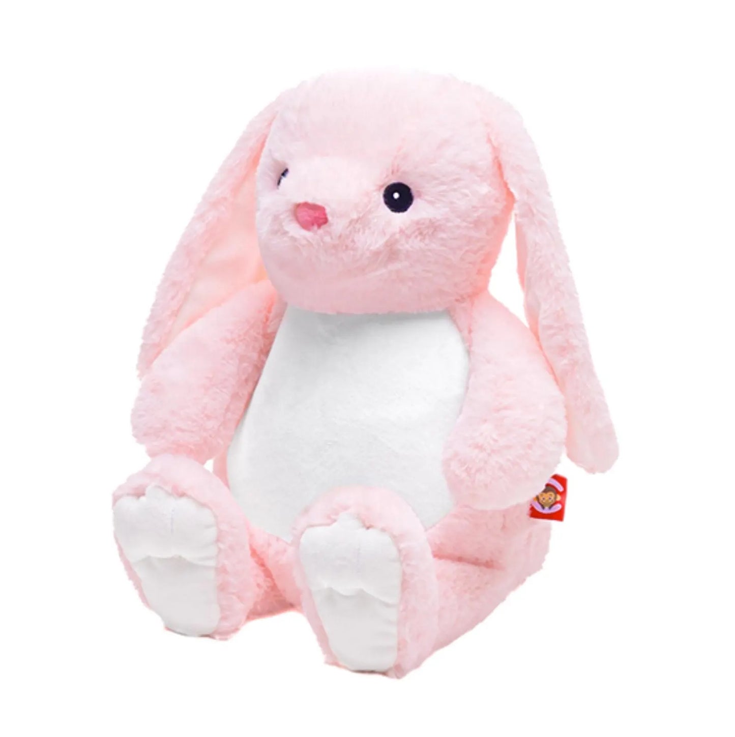 Pink plush bunny toy with a white belly on a white background