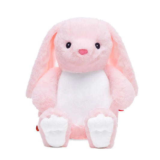 Pink plush bunny toy on a white background