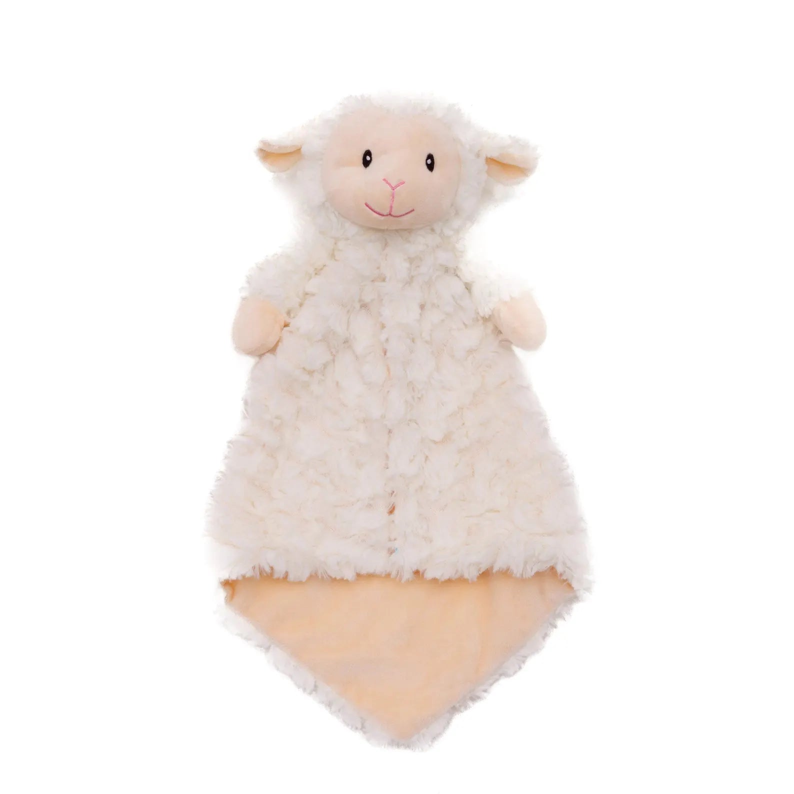 Plush lamb toy with a yellow blanket on a white background