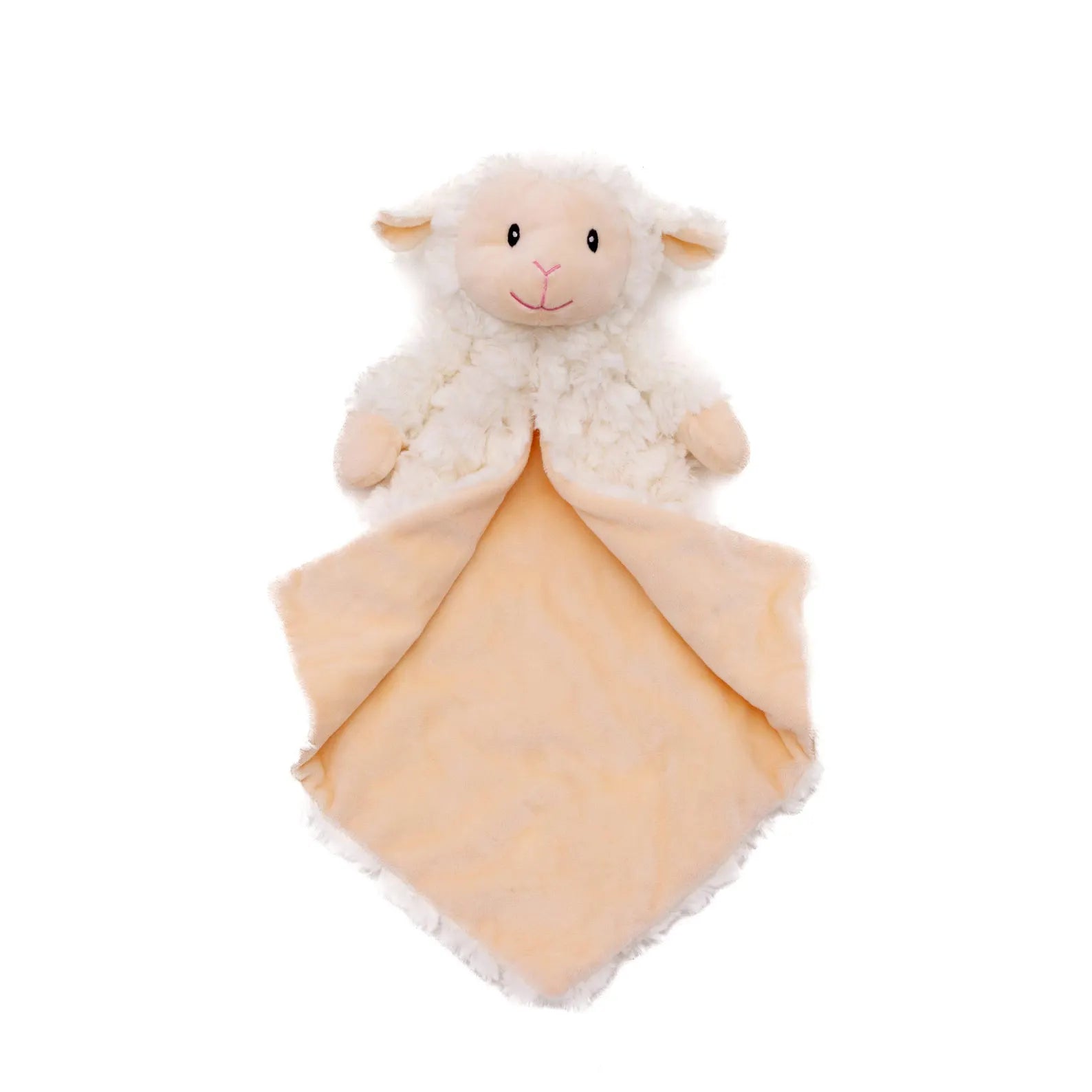 Plush lamb toy with a yellow blanket on a white background