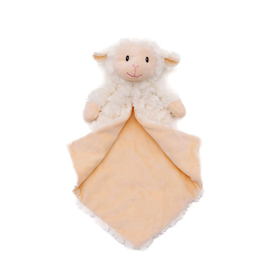 Plush lamb toy with a yellow blanket on a white background