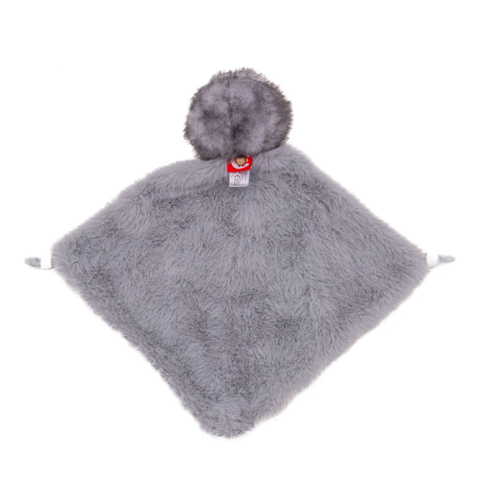 Gray fluffy blanket with a pom-pom on a white background