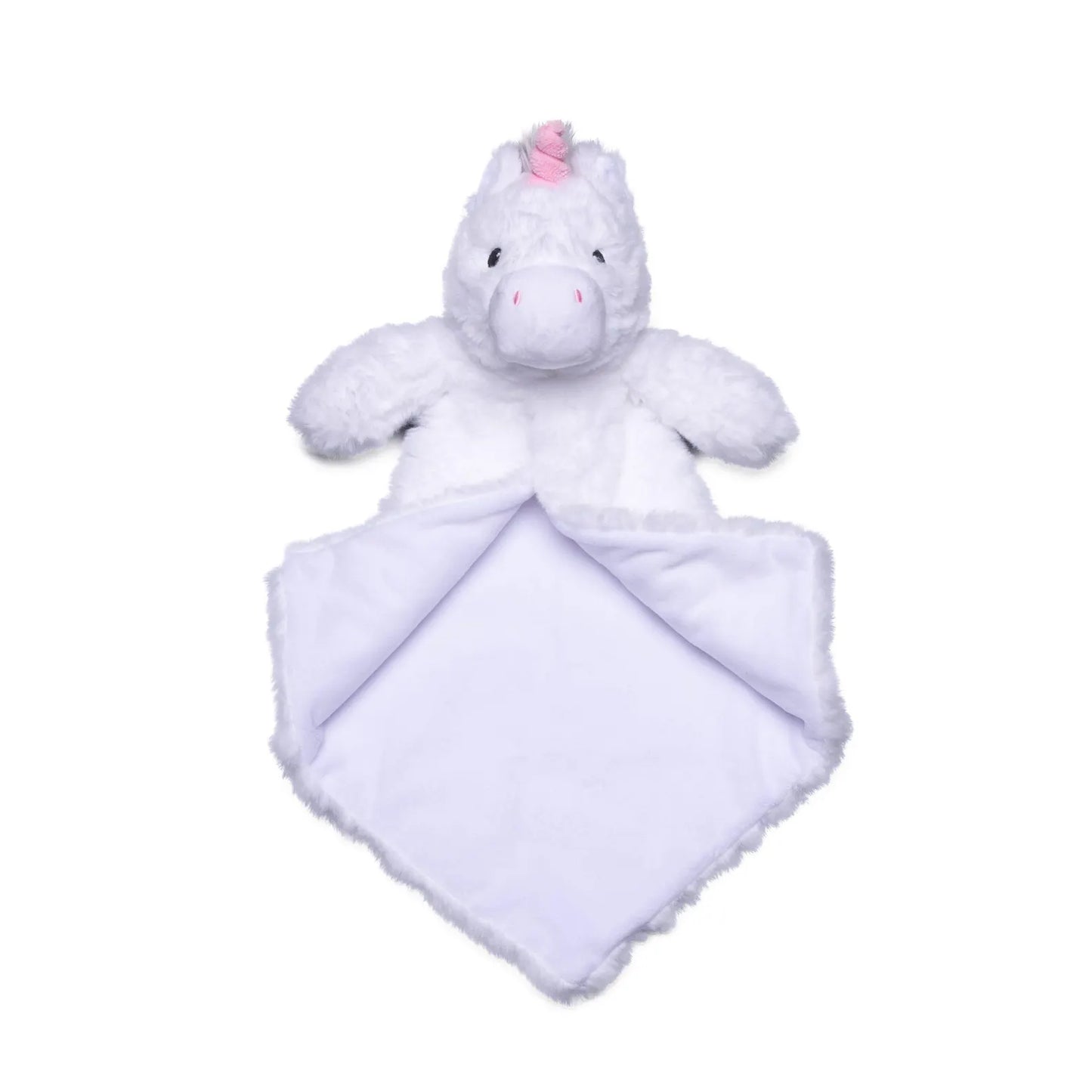 White unicorn plush toy with a blanket on a white background