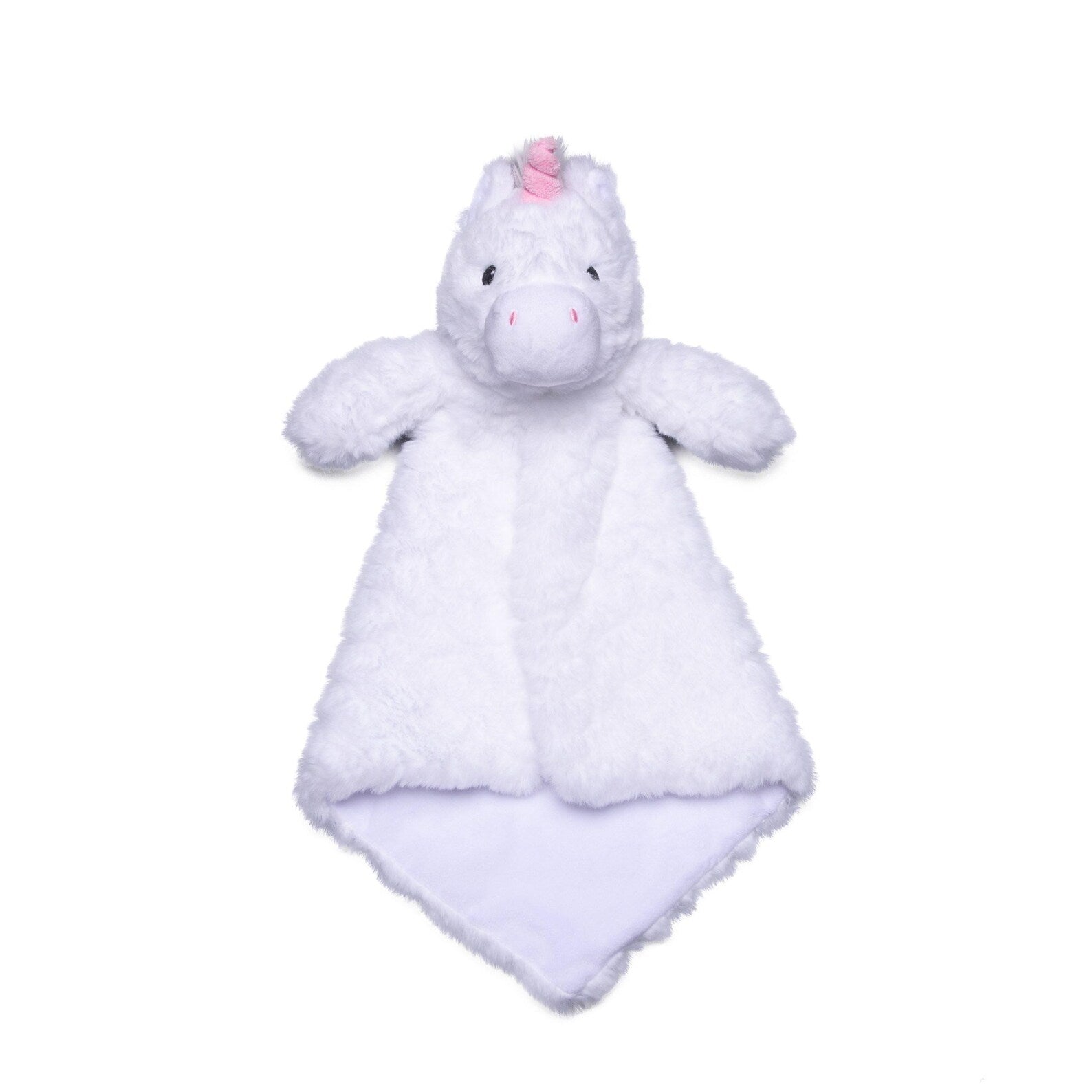 Plush unicorn toy with a white blanket on a white background
