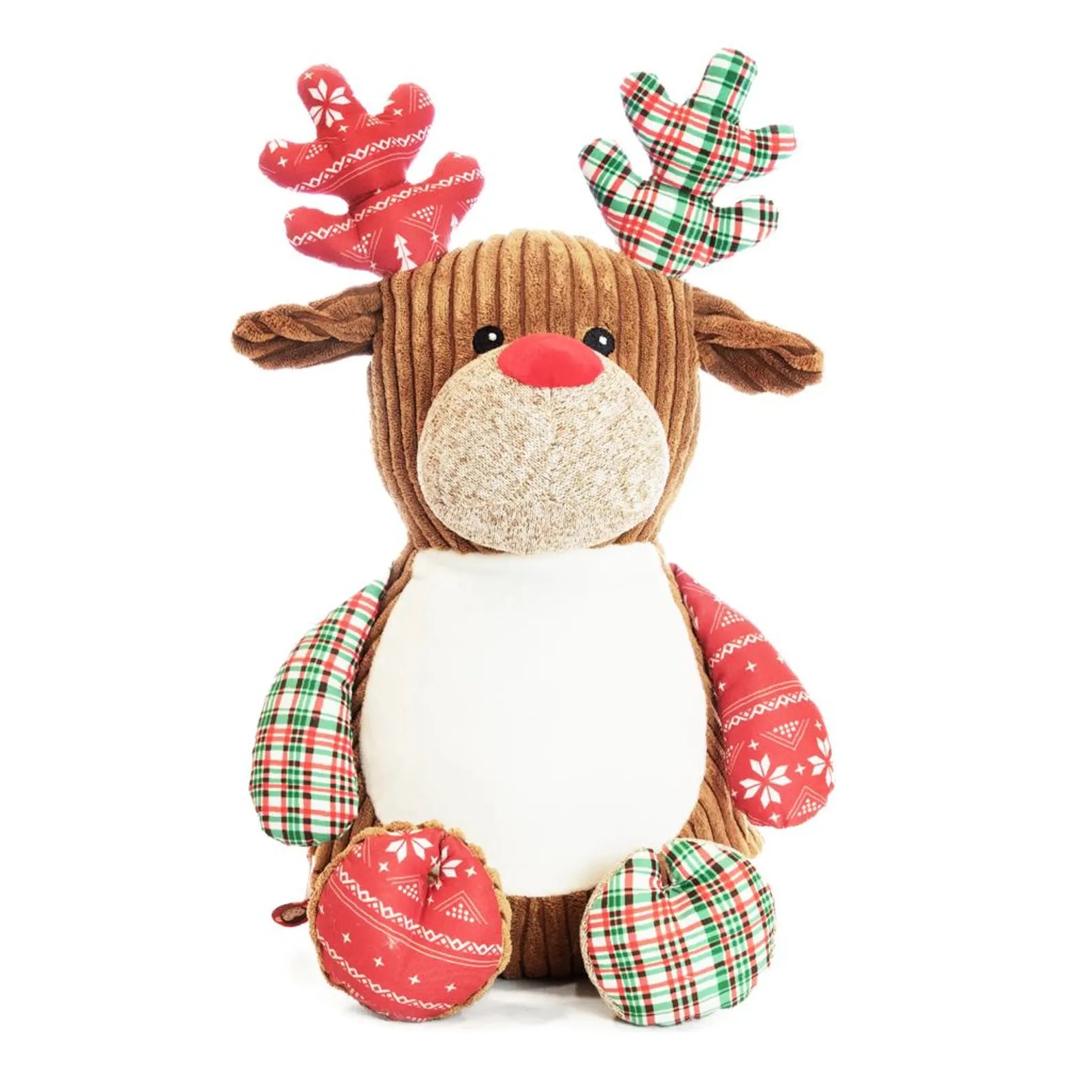 Plush reindeer toy with red and green plaid antlers and feet on a white background