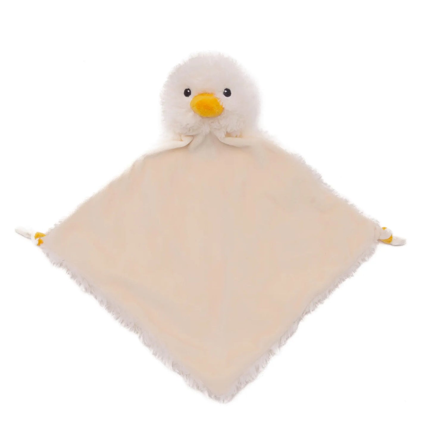 Plush duck toy with a blanket on a white background