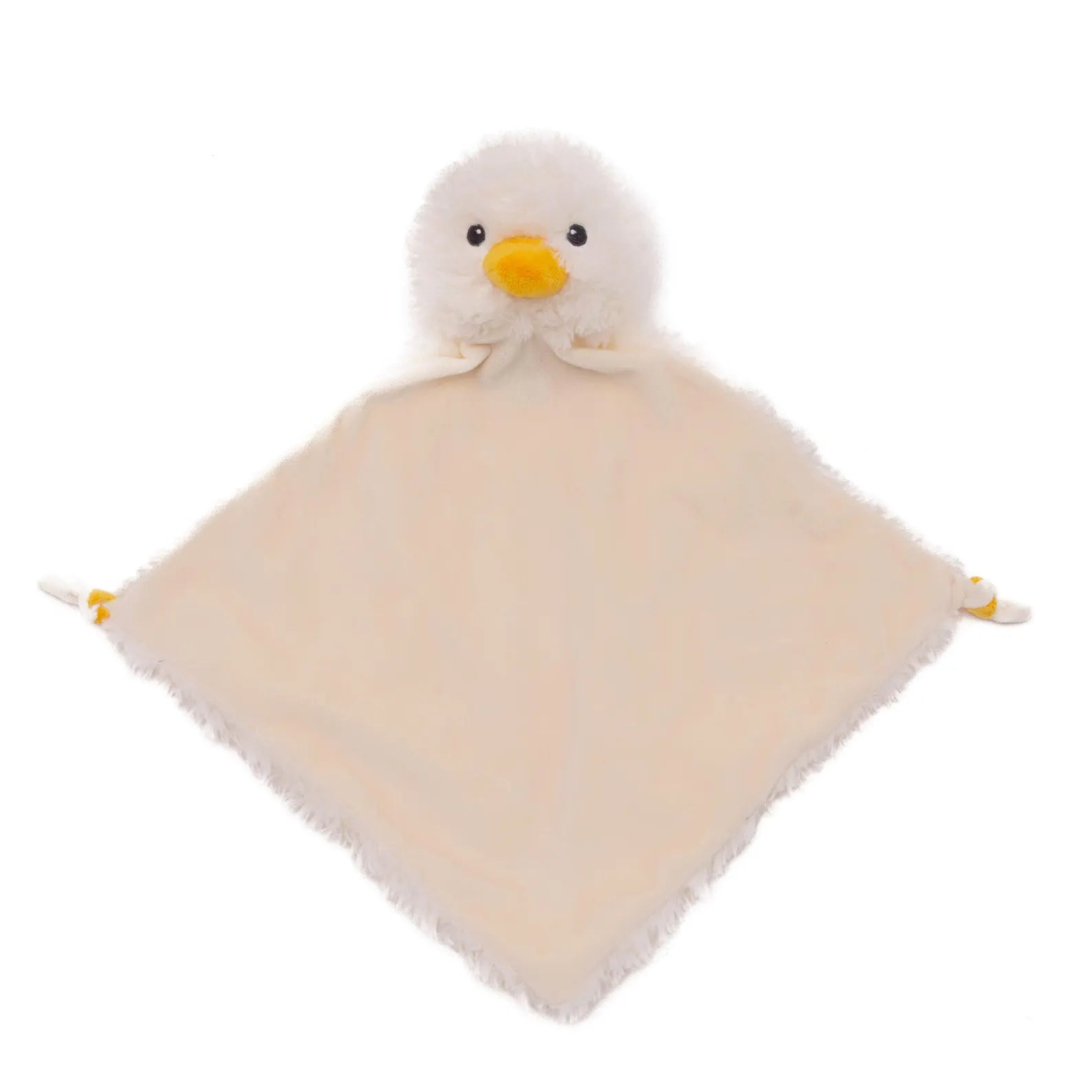 Plush duck toy with a blanket on a white background