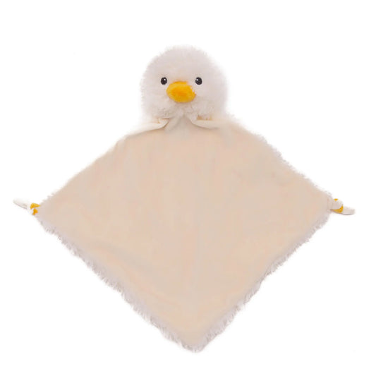 Plush duck toy with a blanket on a white background