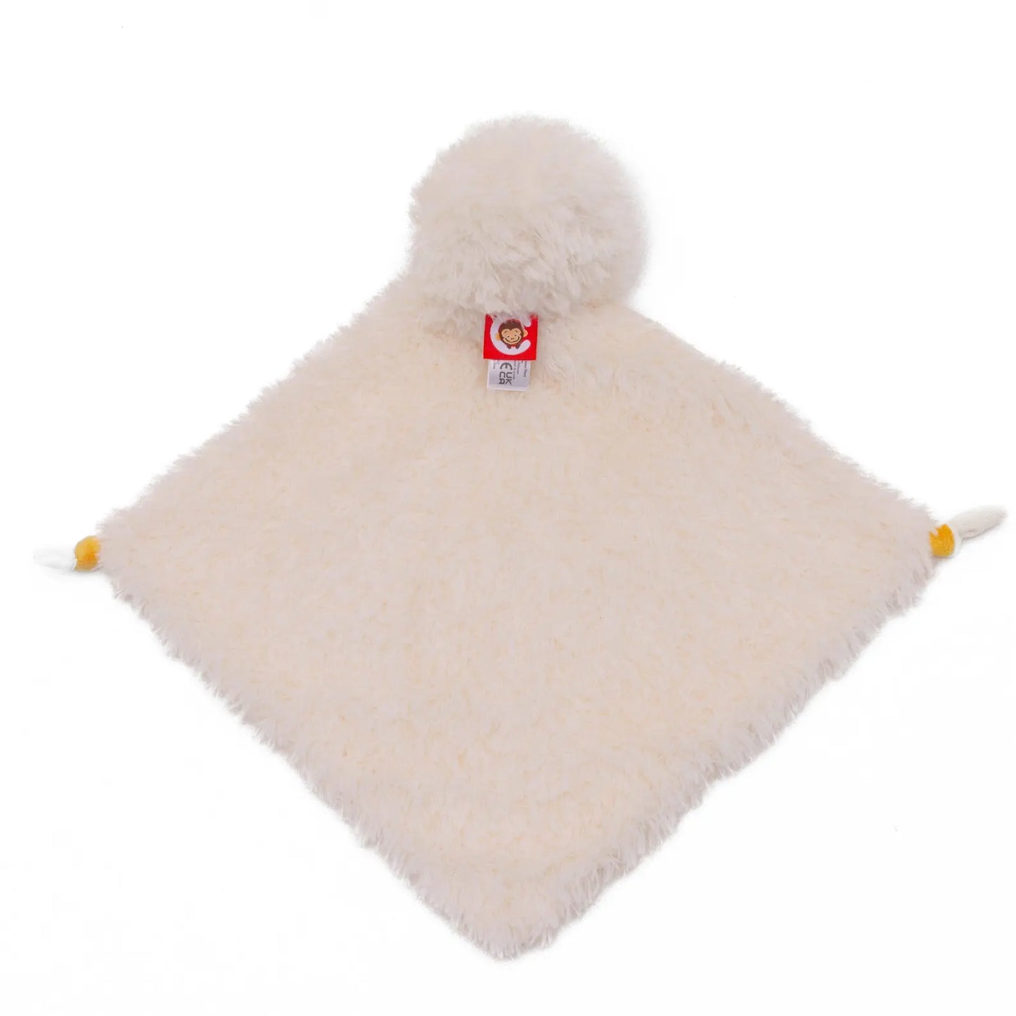 Fluffy white baby blanket with a pom-pom on a white background