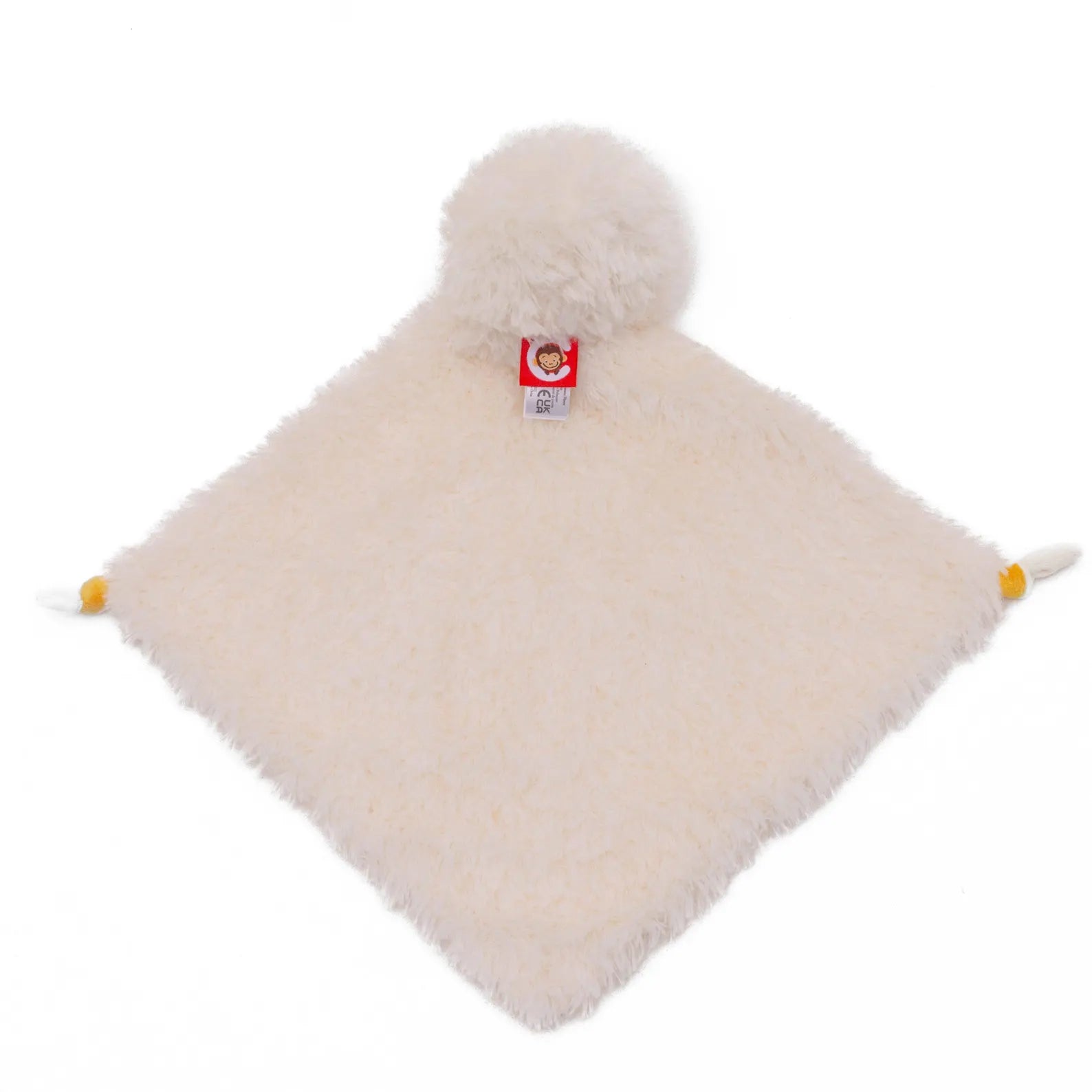 Fluffy white baby blanket with a pom-pom on a white background