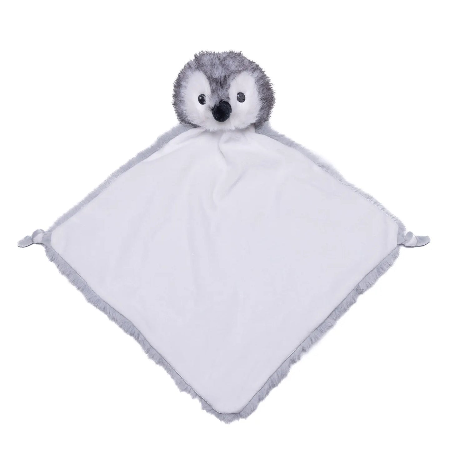 Plush penguin baby comfort blanket on a white background