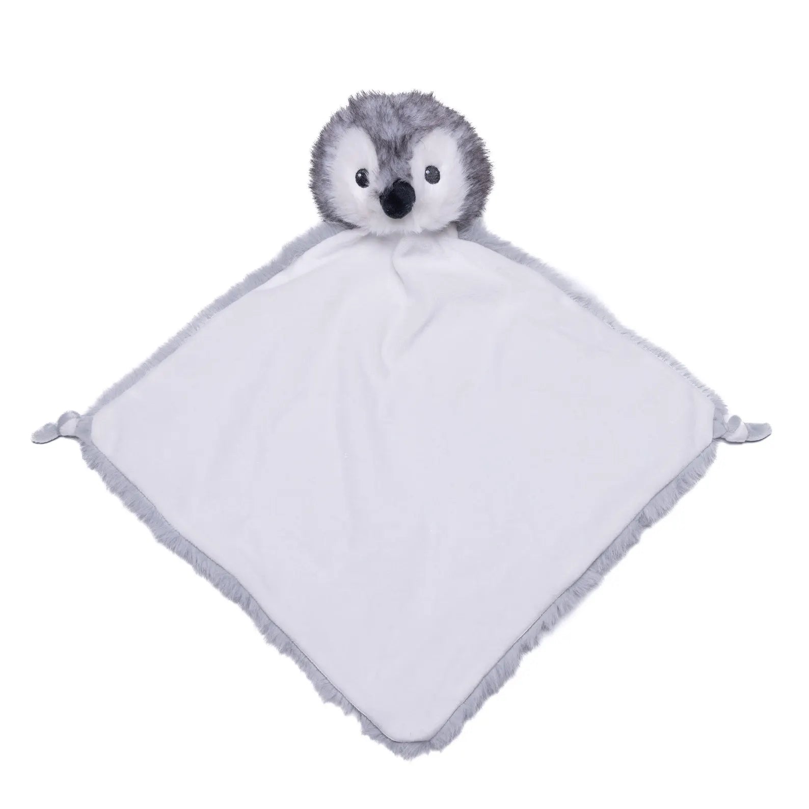 Plush penguin baby comfort blanket on a white background