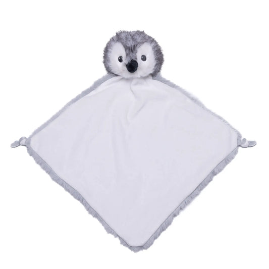 Plush penguin baby comfort blanket on a white background