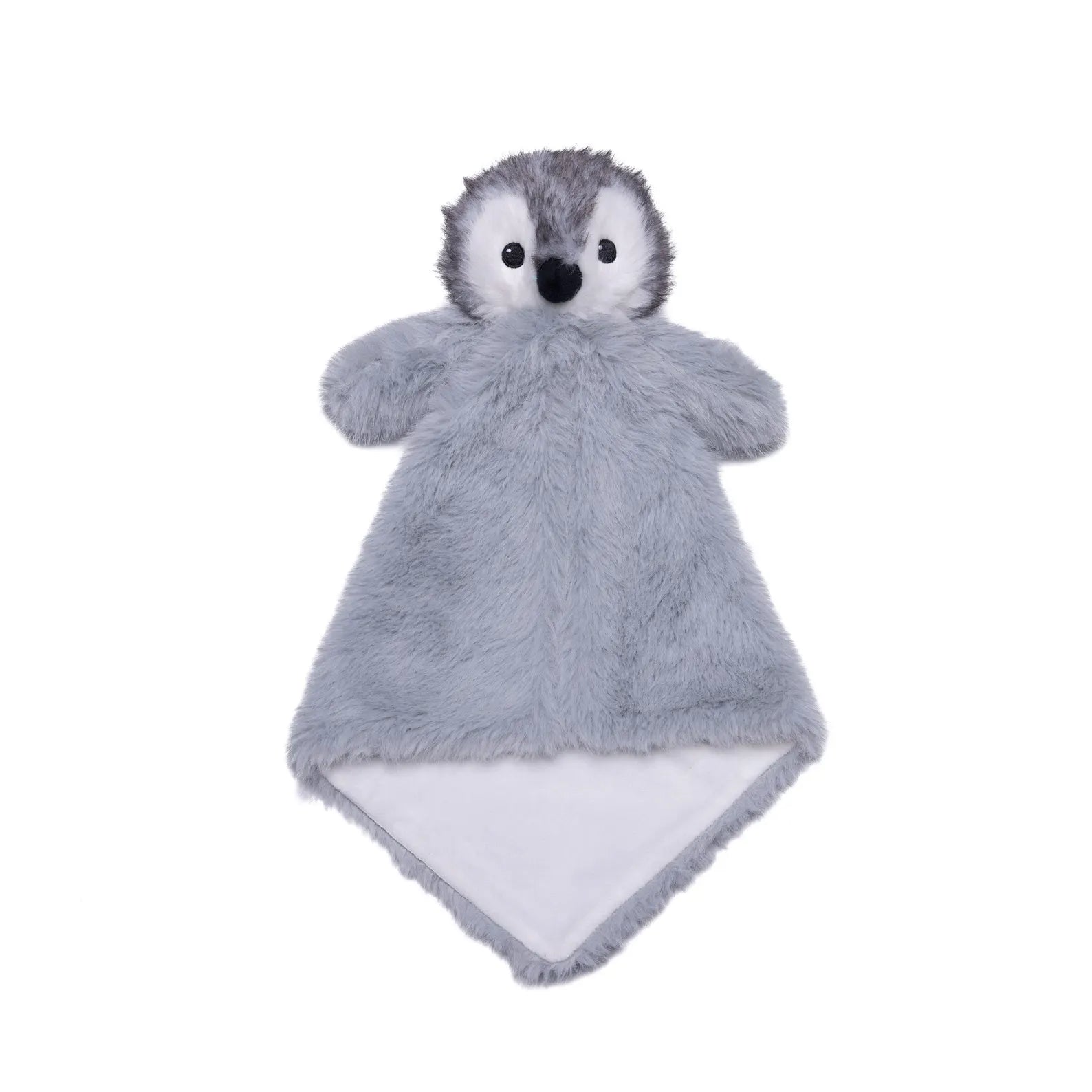 Gray plush toy with a white bottom on a white background