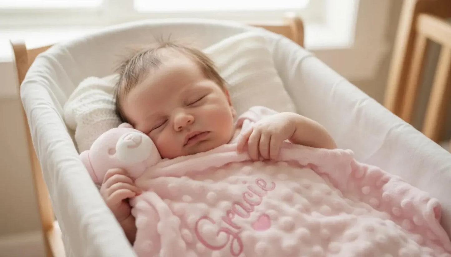 Newborn baby sleeping in a crib with a pink blanket and toy.