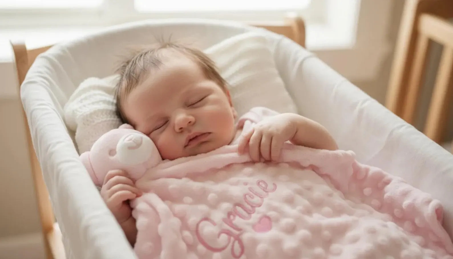 Newborn baby sleeping in a crib with a pink blanket and toy.