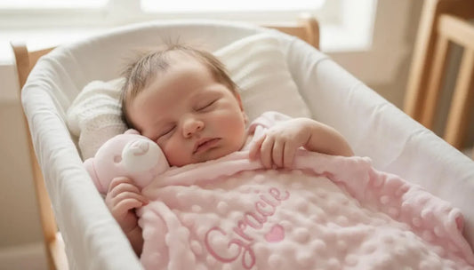 Newborn baby sleeping in a crib with a pink blanket and toy.