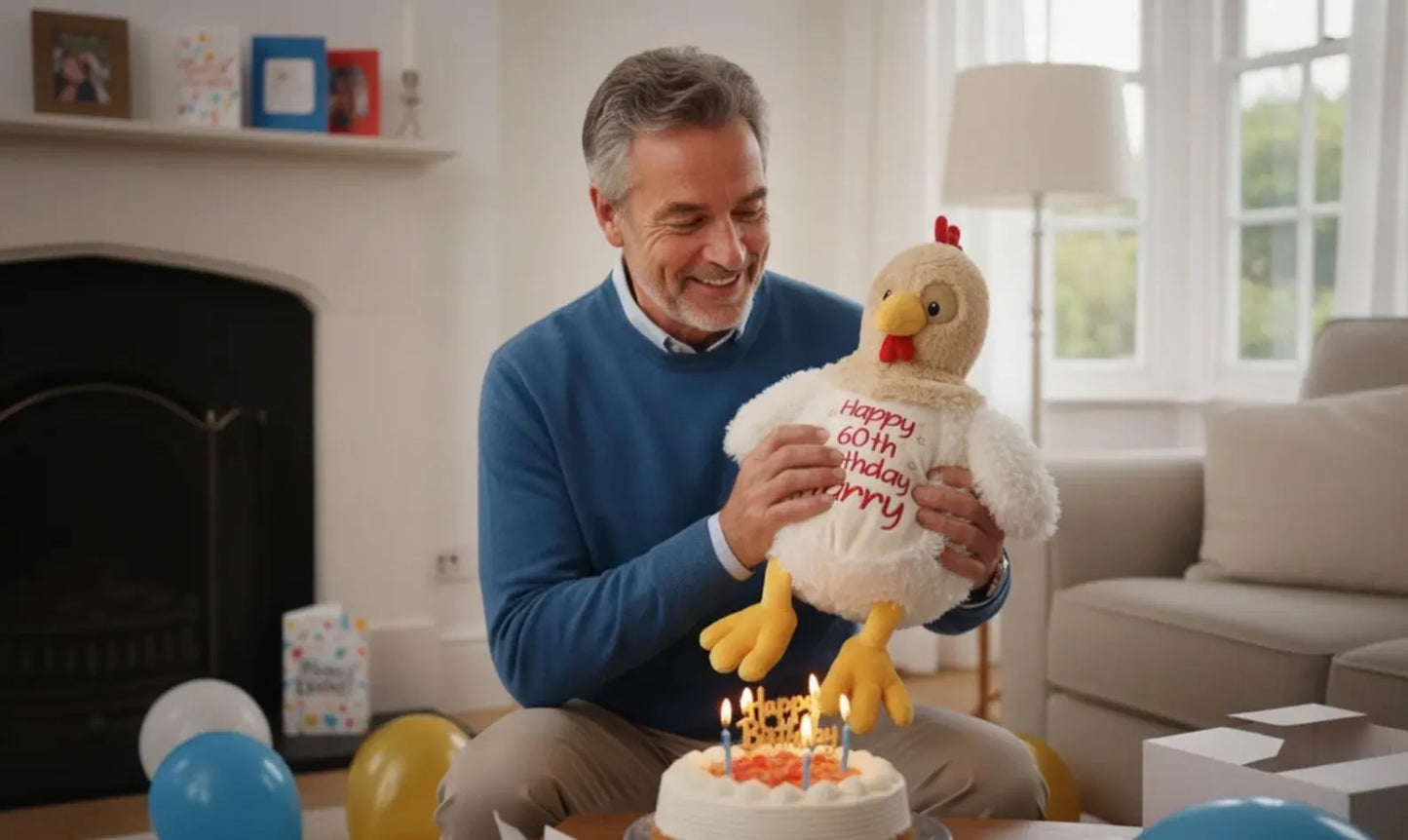 Man holding a plush toy with candles in a living room setting