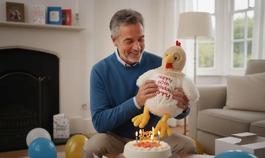 Man holding a plush toy with candles in a living room setting