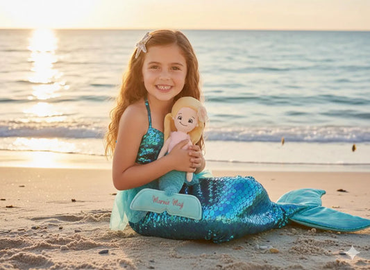 Girl in a mermaid tail holding a doll on a beach at sunset