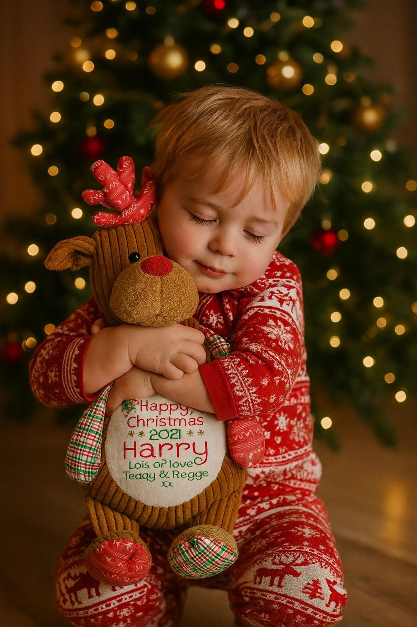 Child in red pajamas holding a reindeer plush toy in front of a Christmas tree.