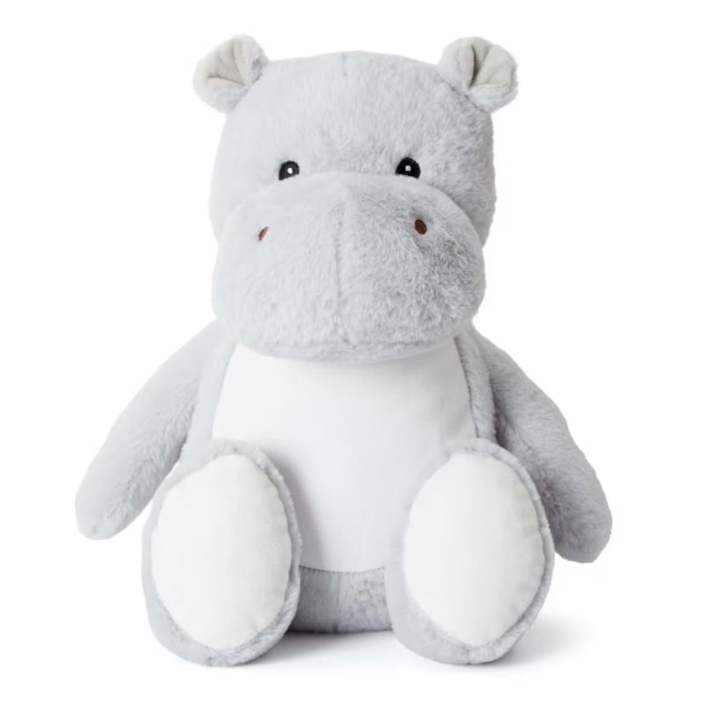 Gray plush hippo toy on a white background