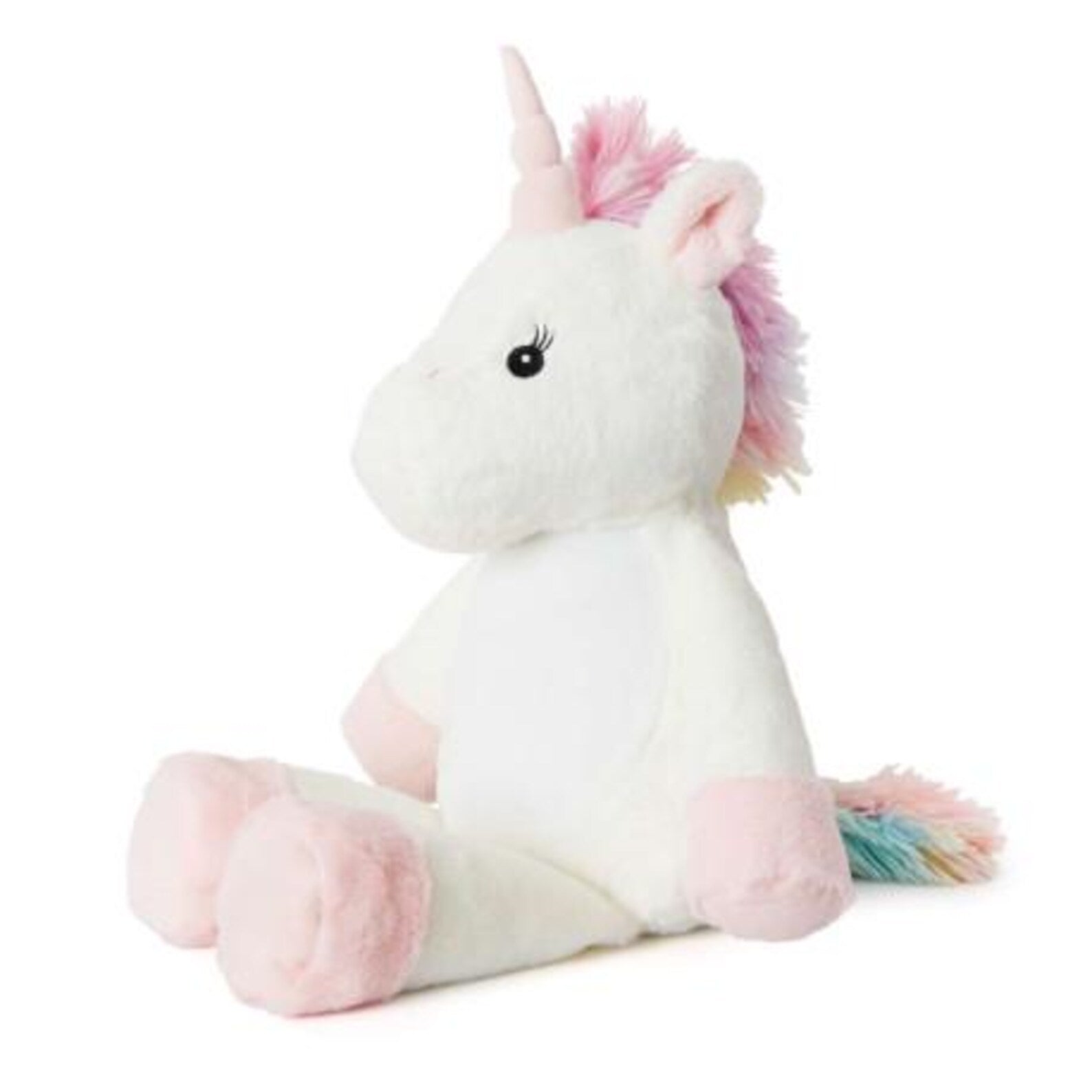 Plush unicorn toy with a white body, pink legs and horn, and a multicolored tail on a white background.