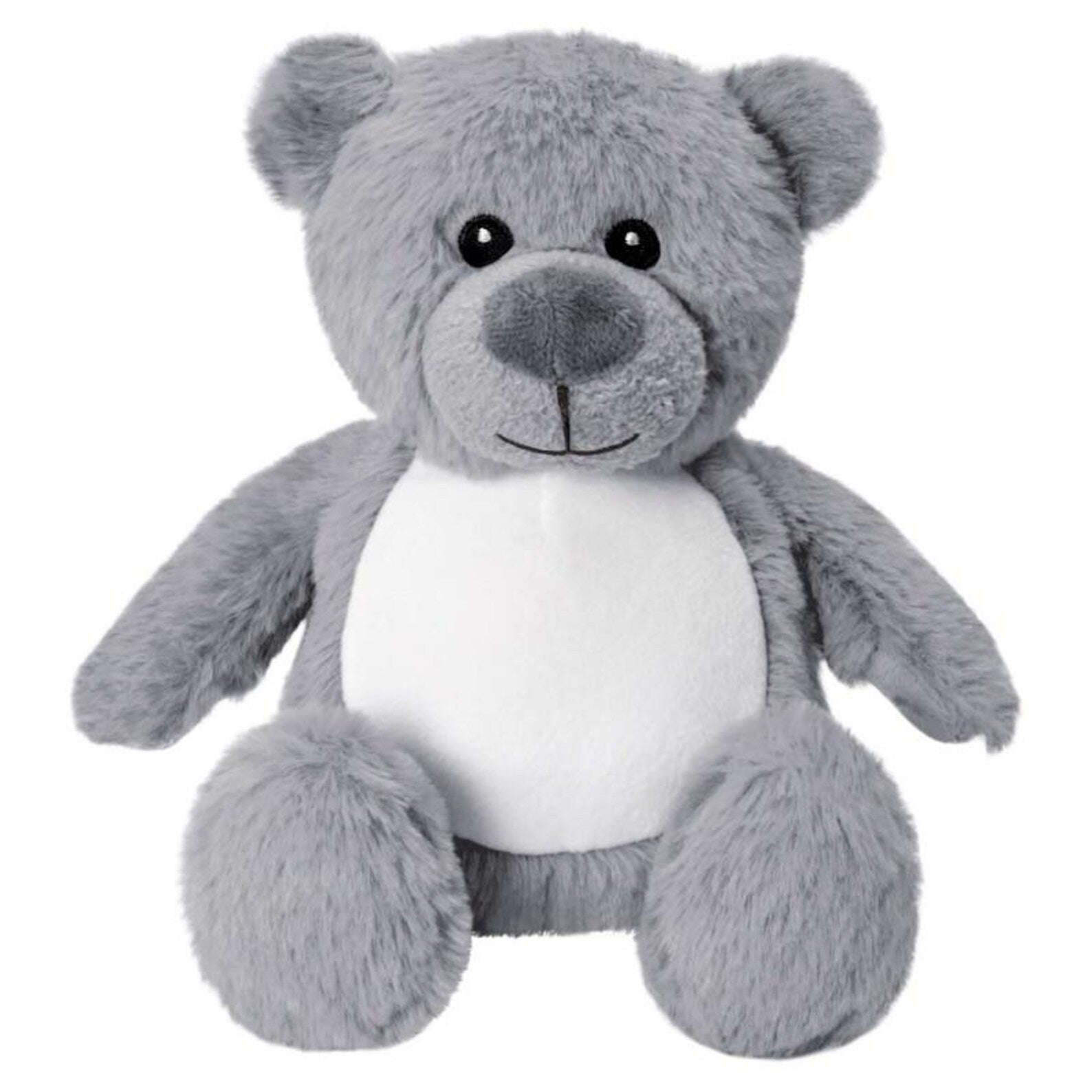 Gray teddy bear with a white belly on a white background