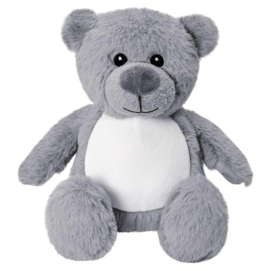 Gray teddy bear with a white belly on a white background