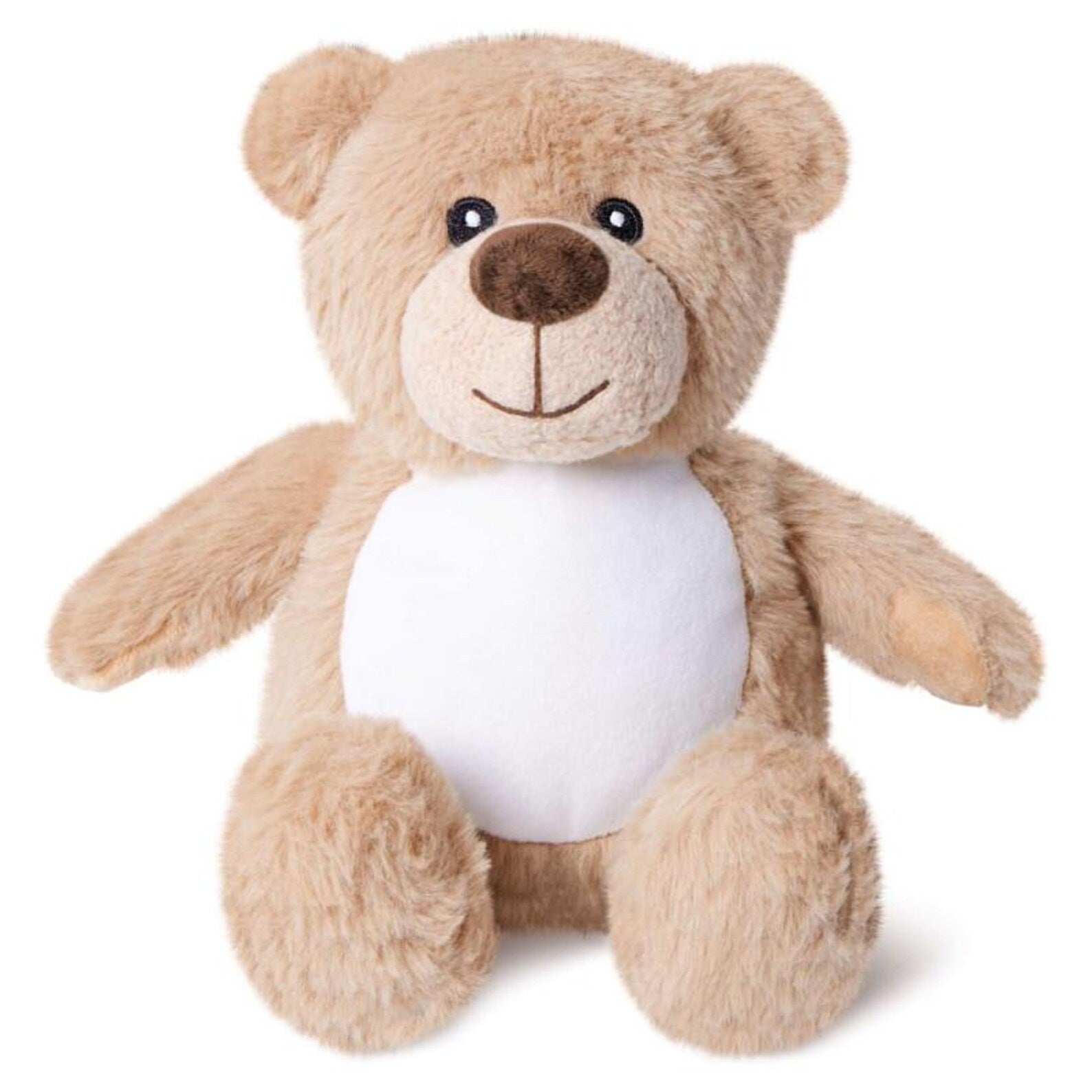 Beige teddy bear with a white tummy
 on a white background