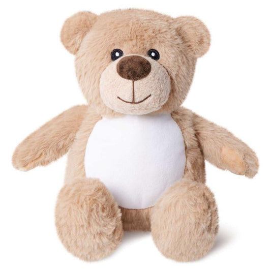 Beige teddy bear with a white tummy
 on a white background