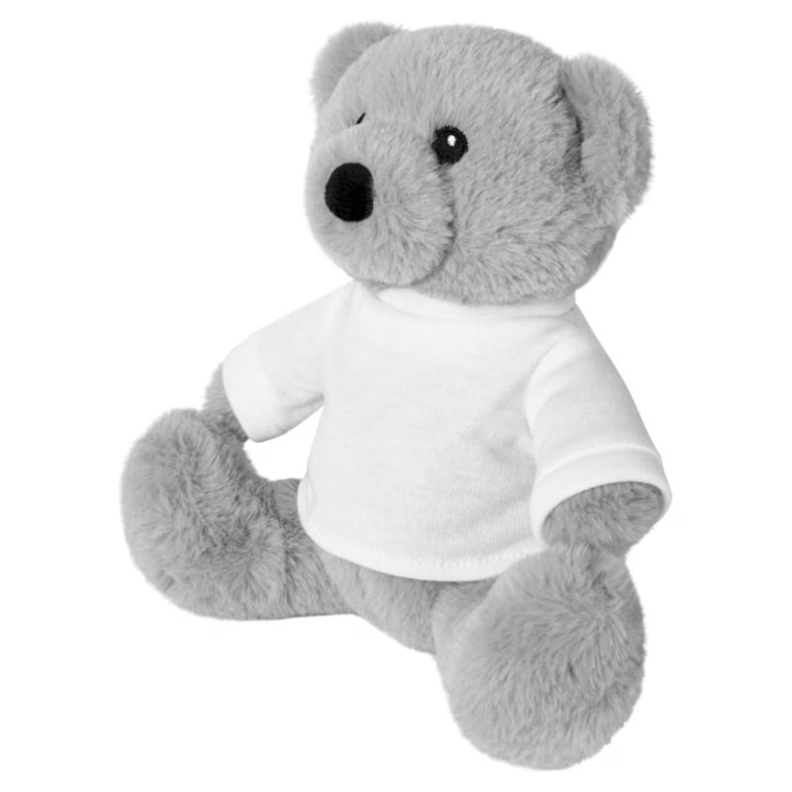 Gray teddy bear wearing a white shirt on a white background