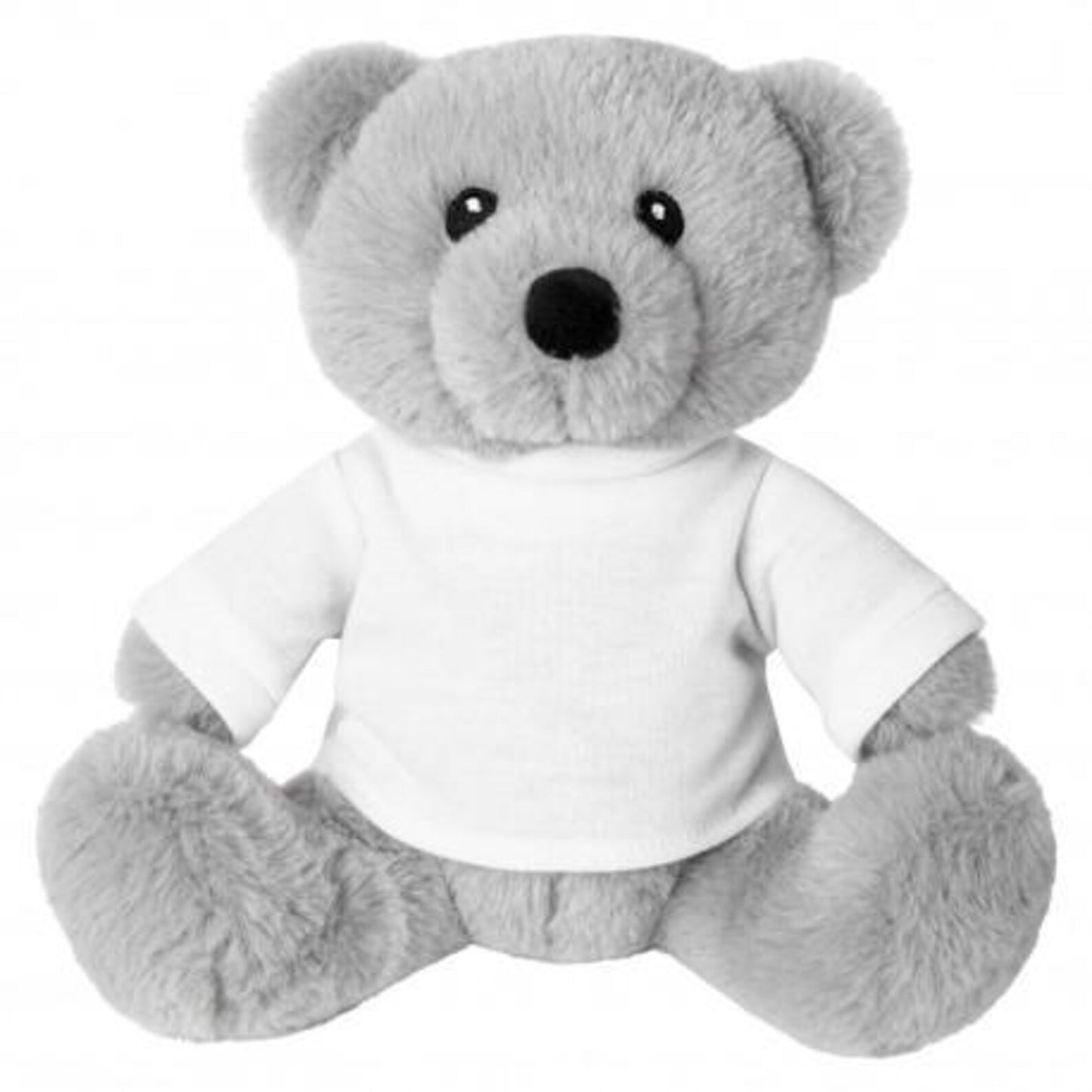 Gray teddy bear wearing a white shirt on a white background