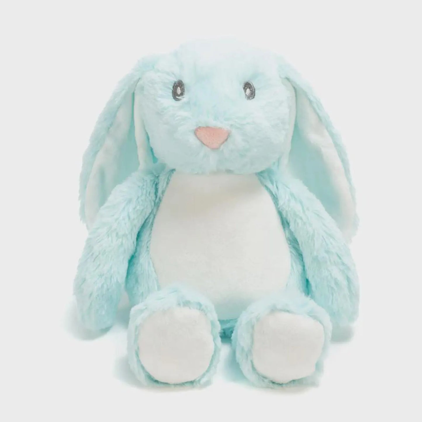 Plush toy rabbit with blue fur on a white background