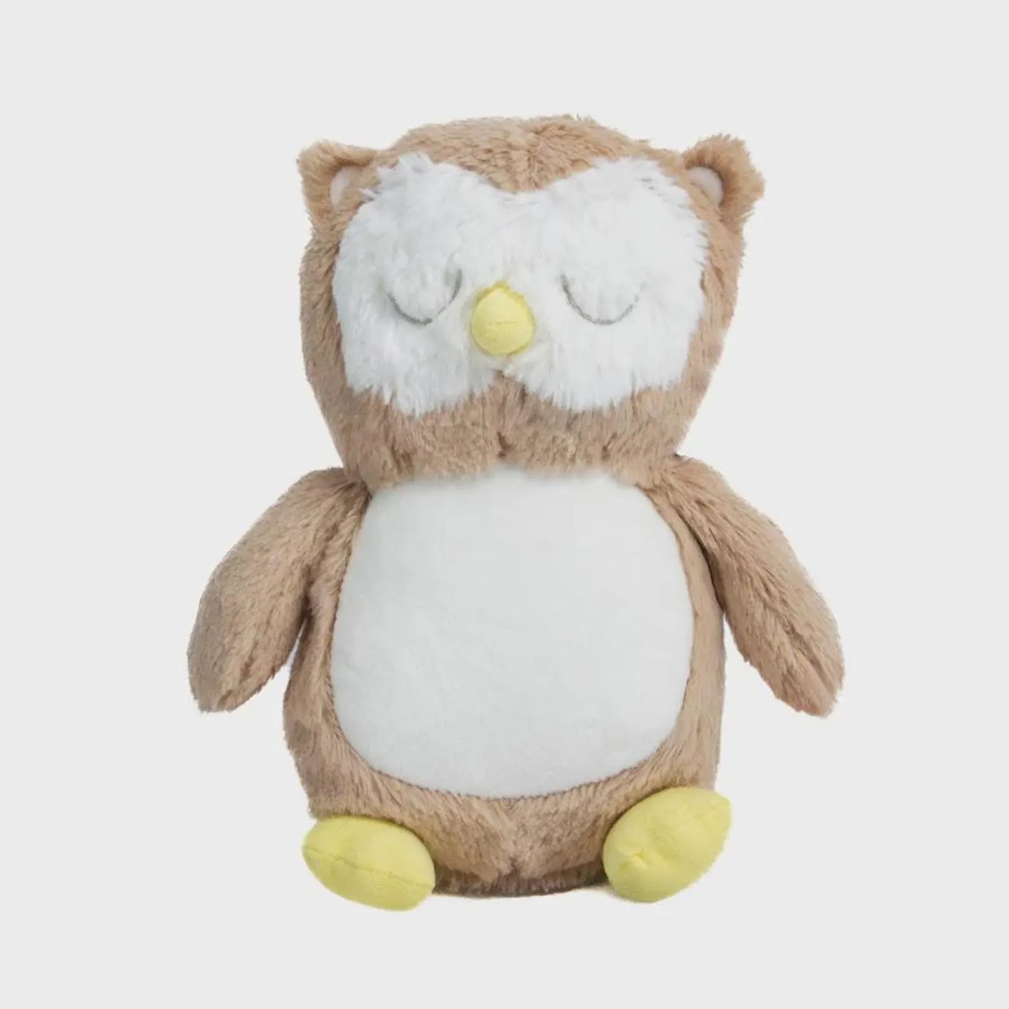 Plush owl toy with brown feathers, white face, and yellow feet on a white background
