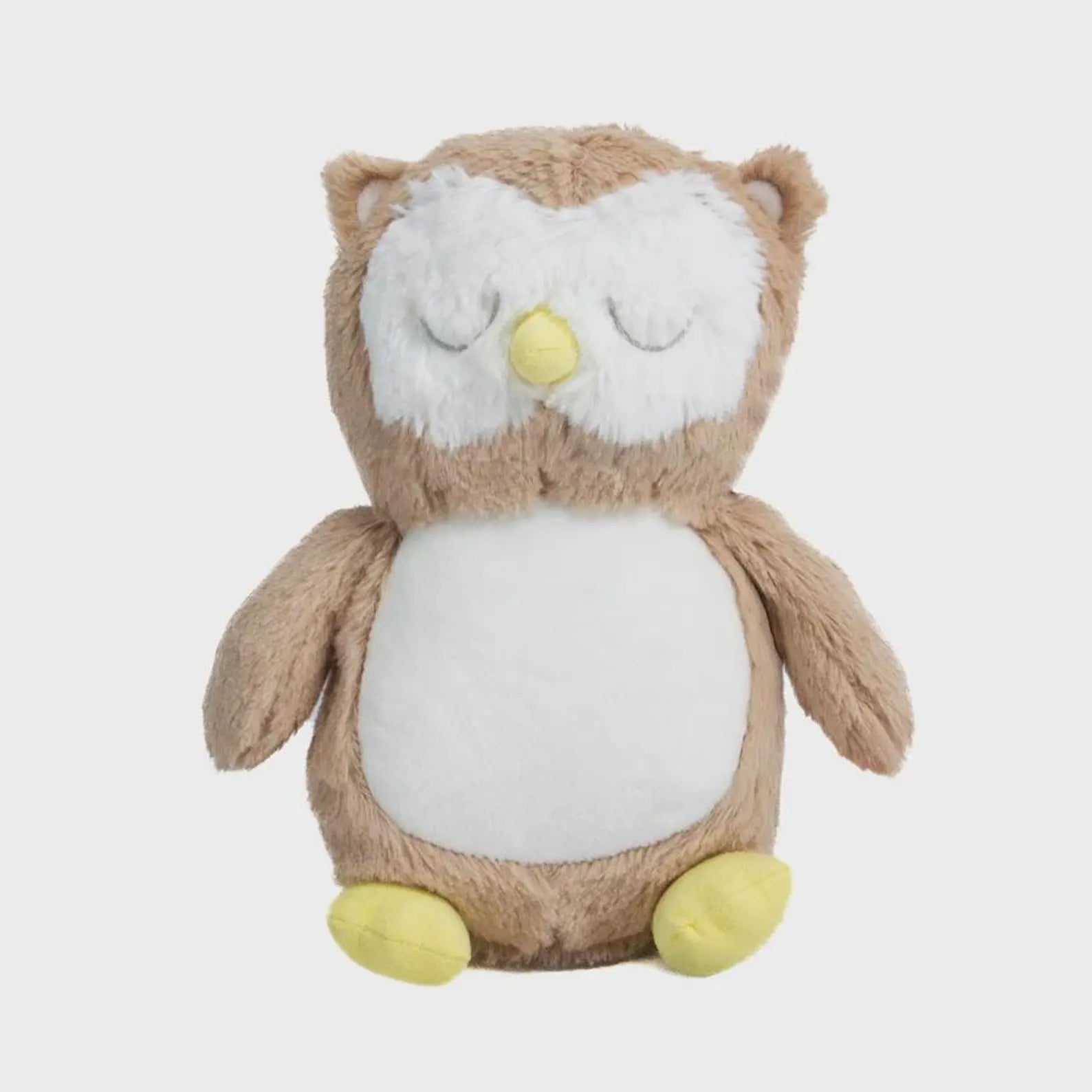 Plush owl toy with brown feathers, white face, and yellow feet on a white background