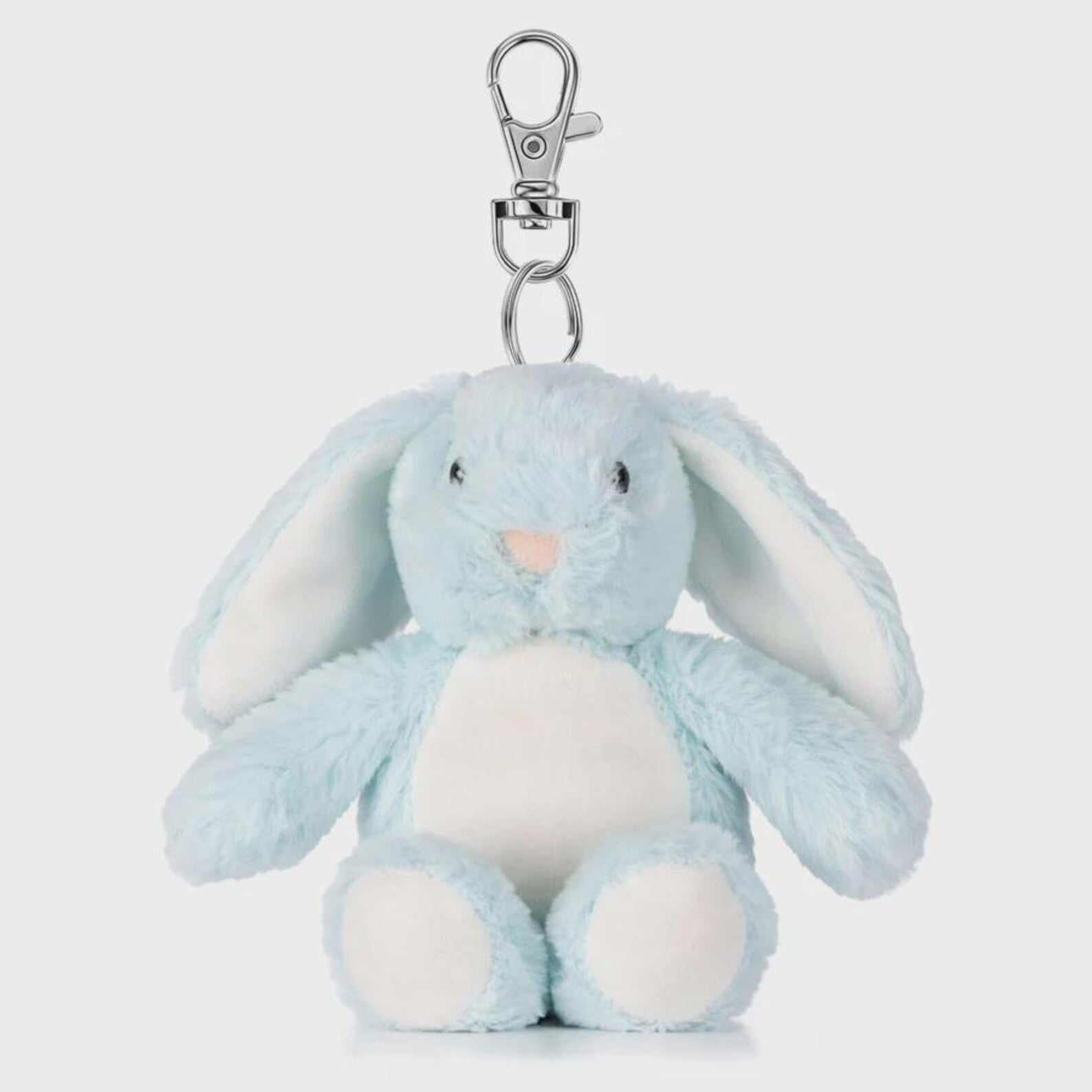 Light blue plush bunny keychain on a white background