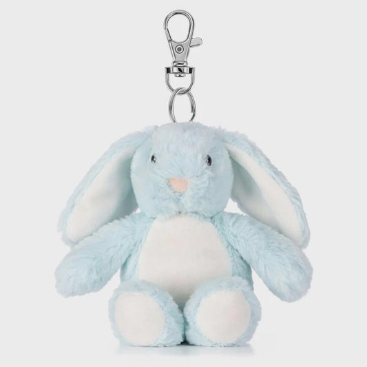 Light blue plush bunny keychain on a white background