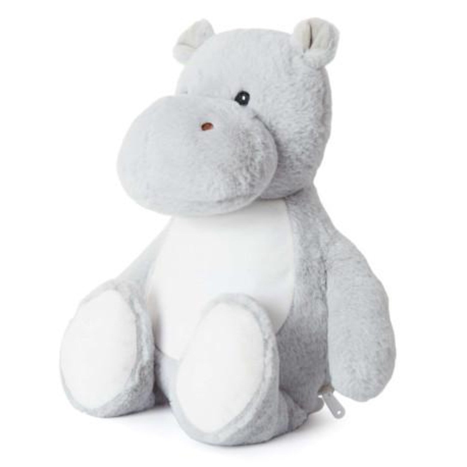 Gray plush hippo toy on a white background