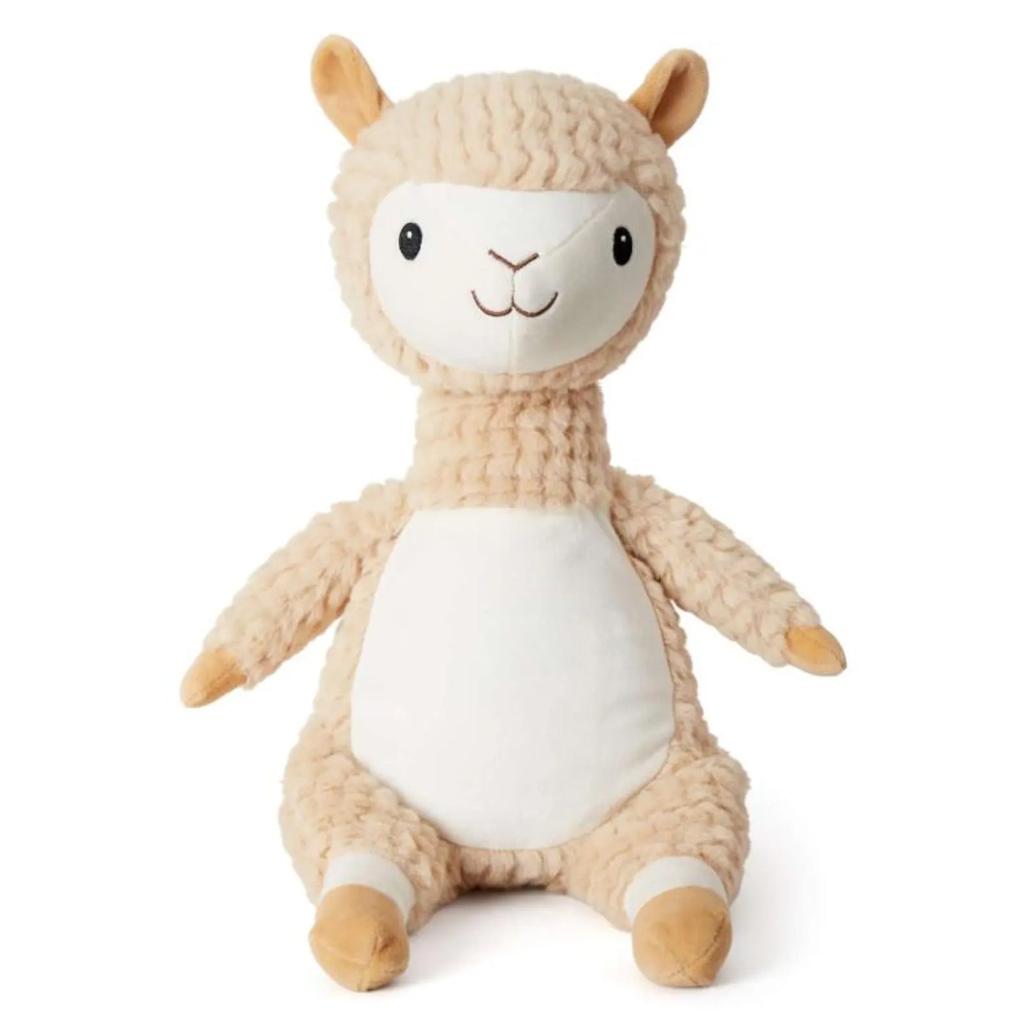Plush toy llama with a white belly on a white background