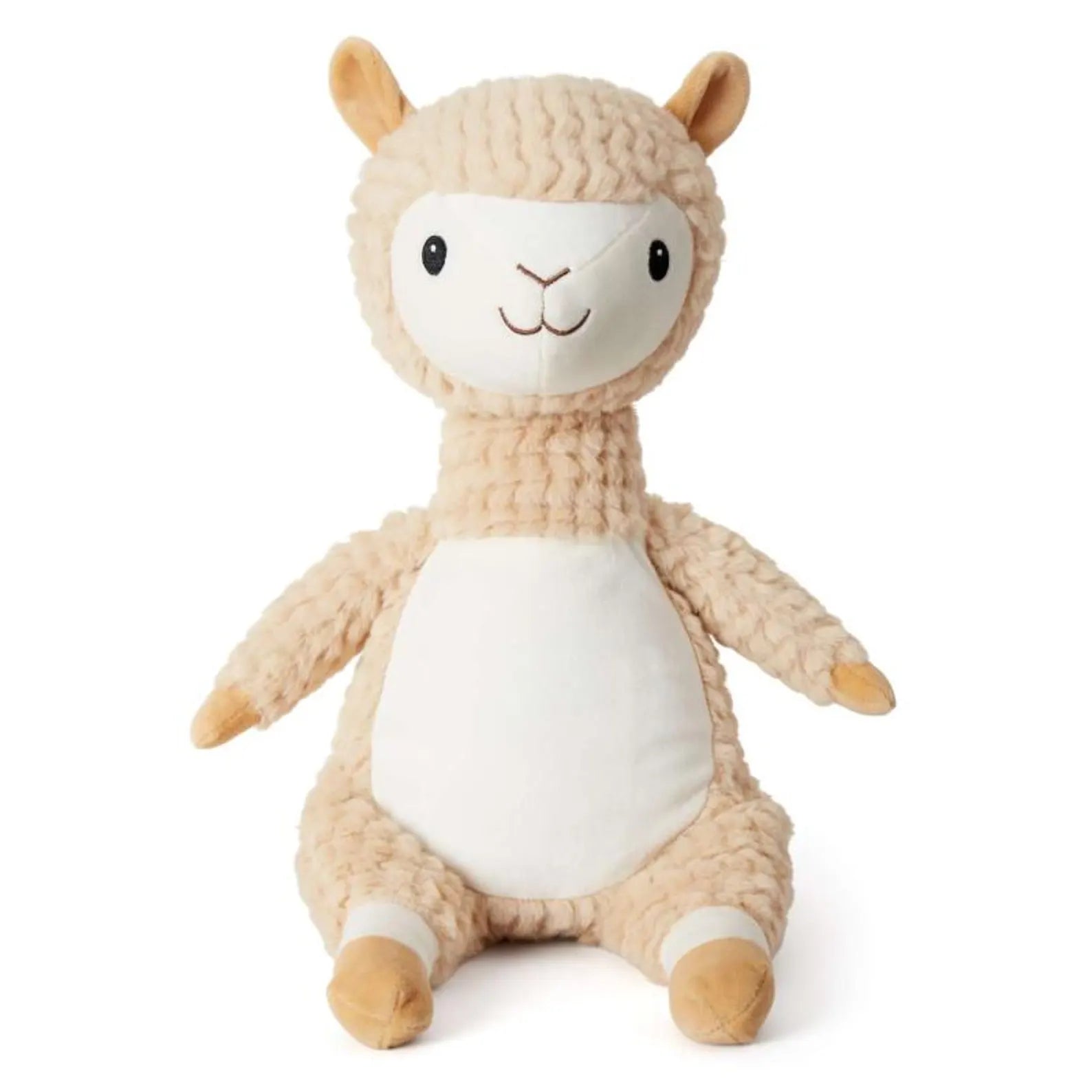Plush toy llama with a white belly on a white background