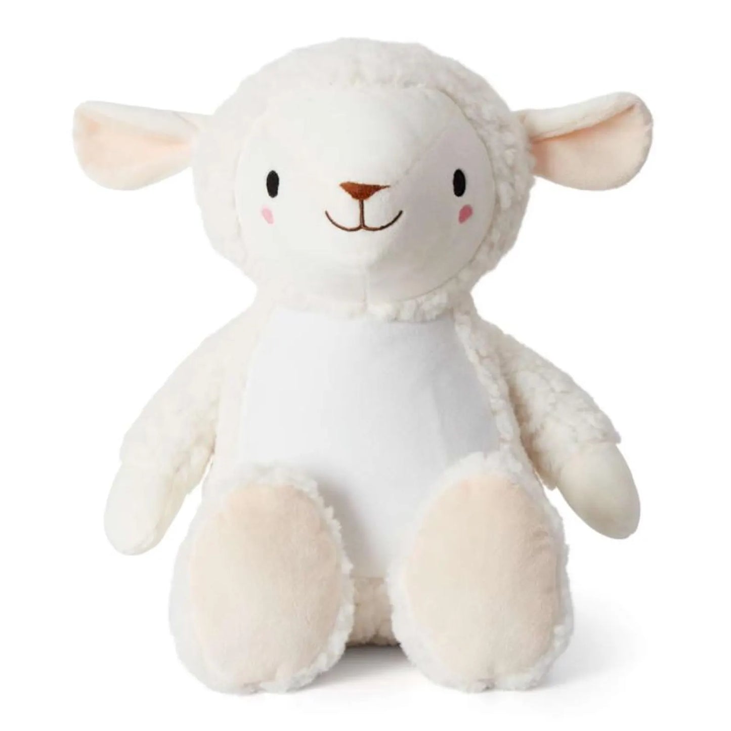 White plush lamb toy with pink accents on a white background