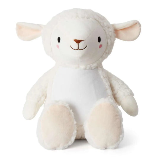 White plush lamb toy with pink accents on a white background
