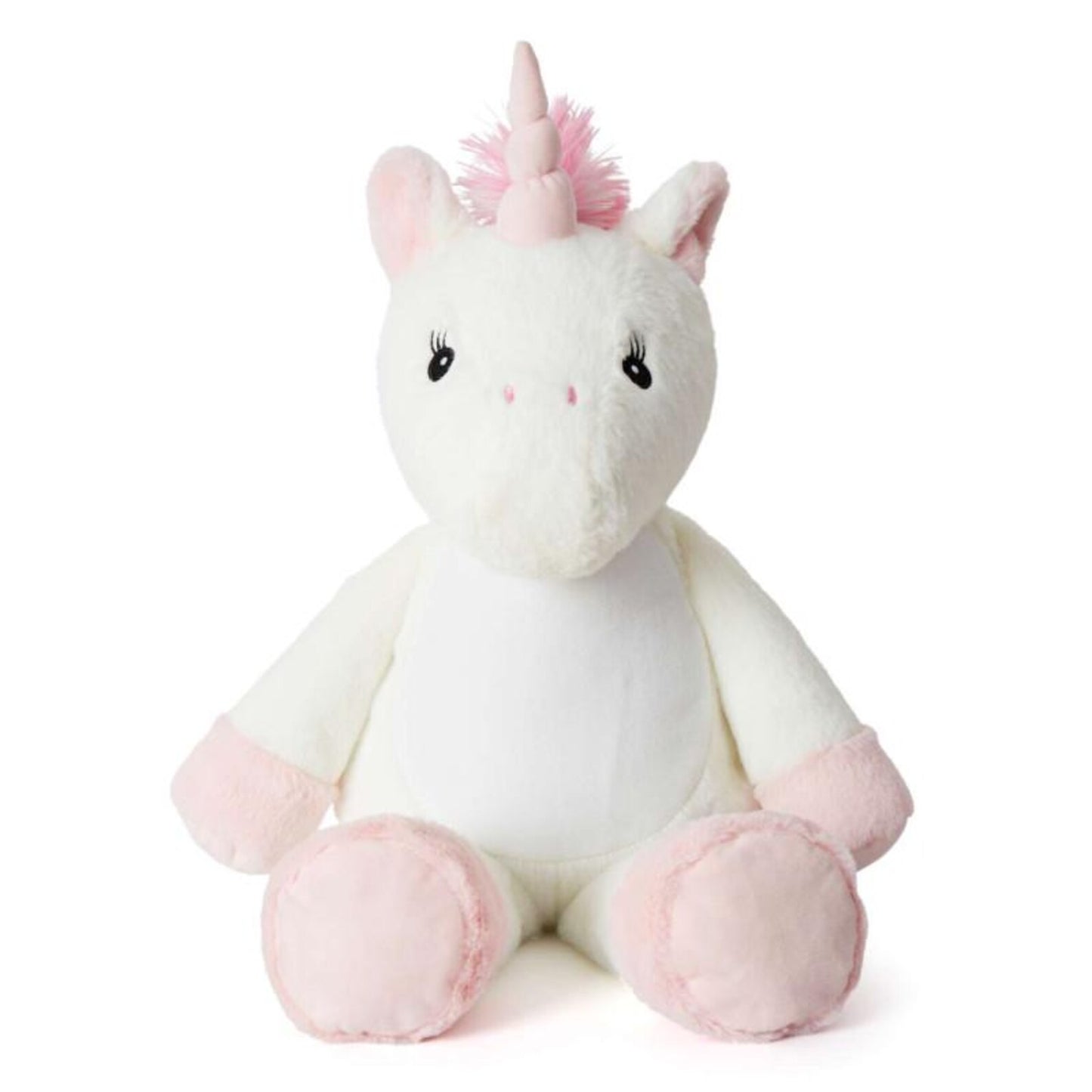 Plush unicorn toy with pink horn and hooves on a white background
