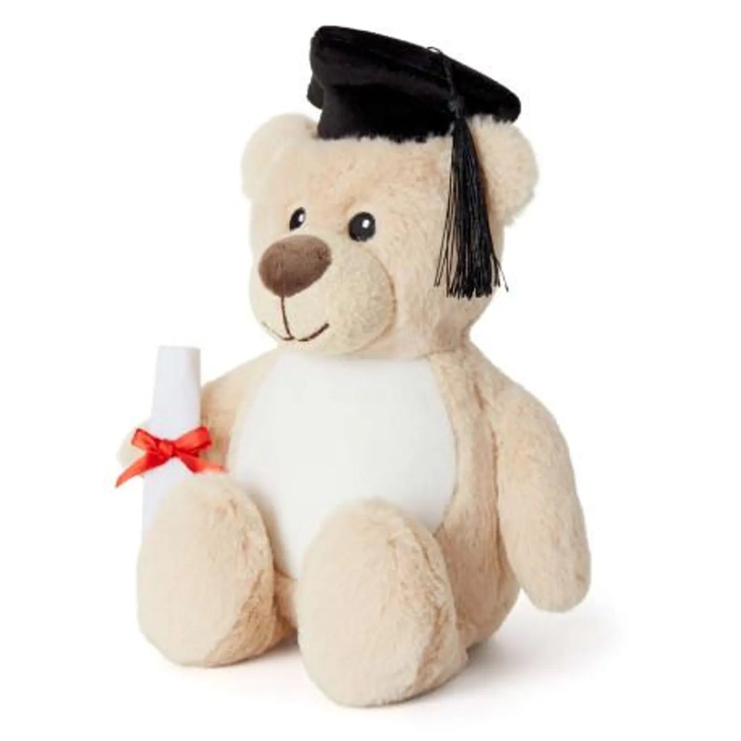 Plush teddy bear wearing a graduation cap and holding a diploma on a white background