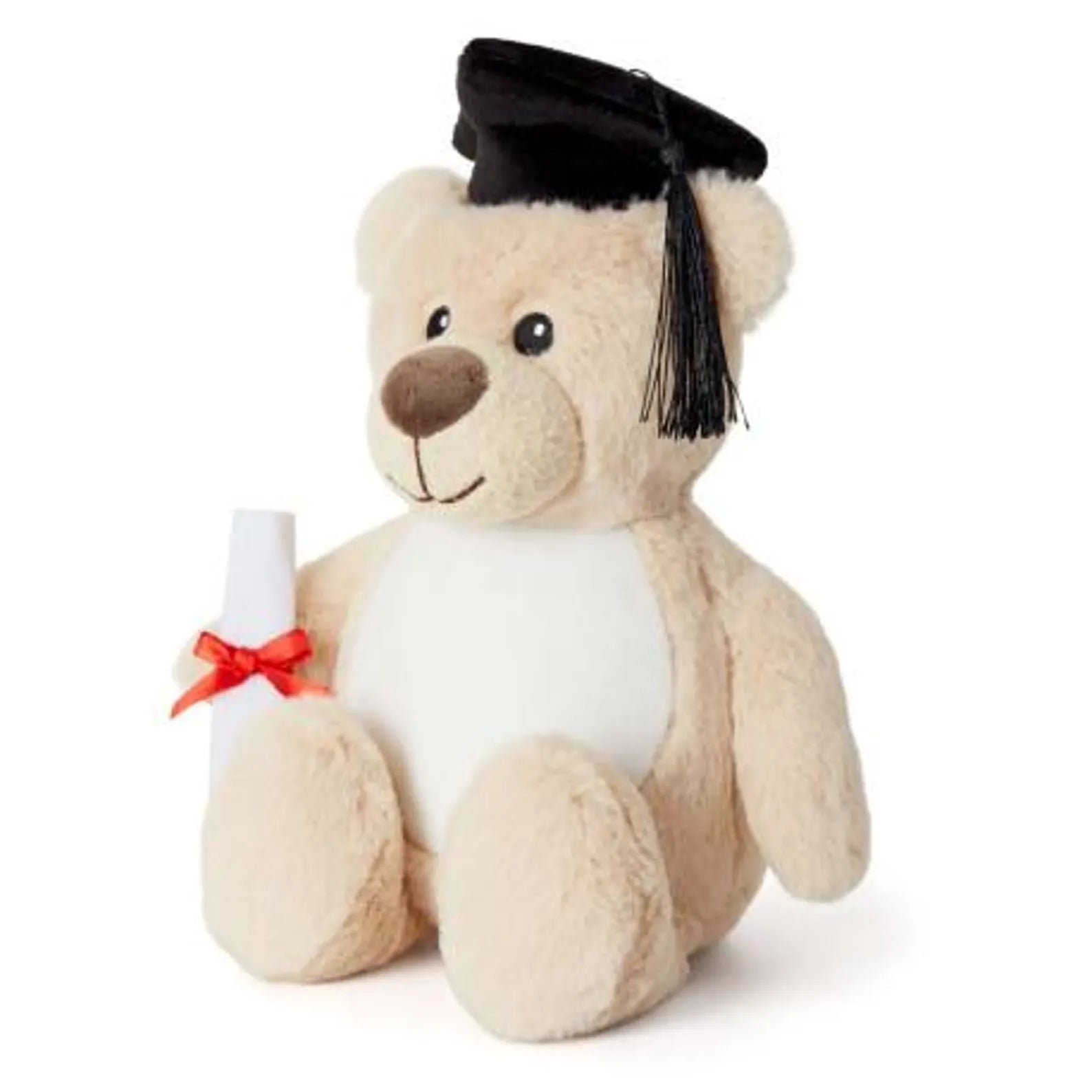 Plush teddy bear wearing a graduation cap and holding a diploma on a white background